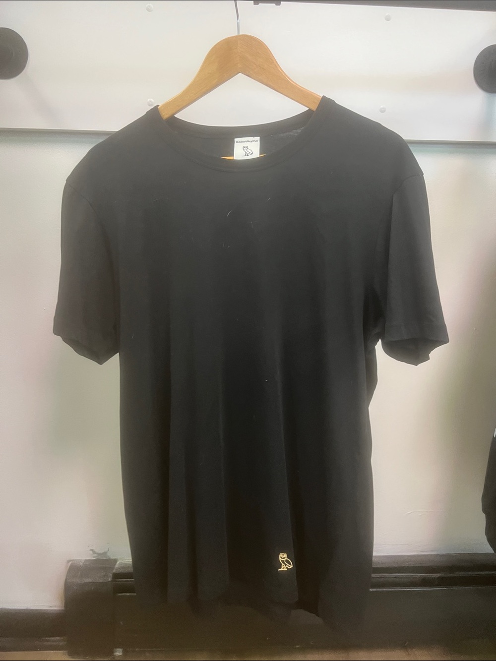 OVO Black Short-Sleeve Crewneck T-Shirt with Small Gold Owl Logo